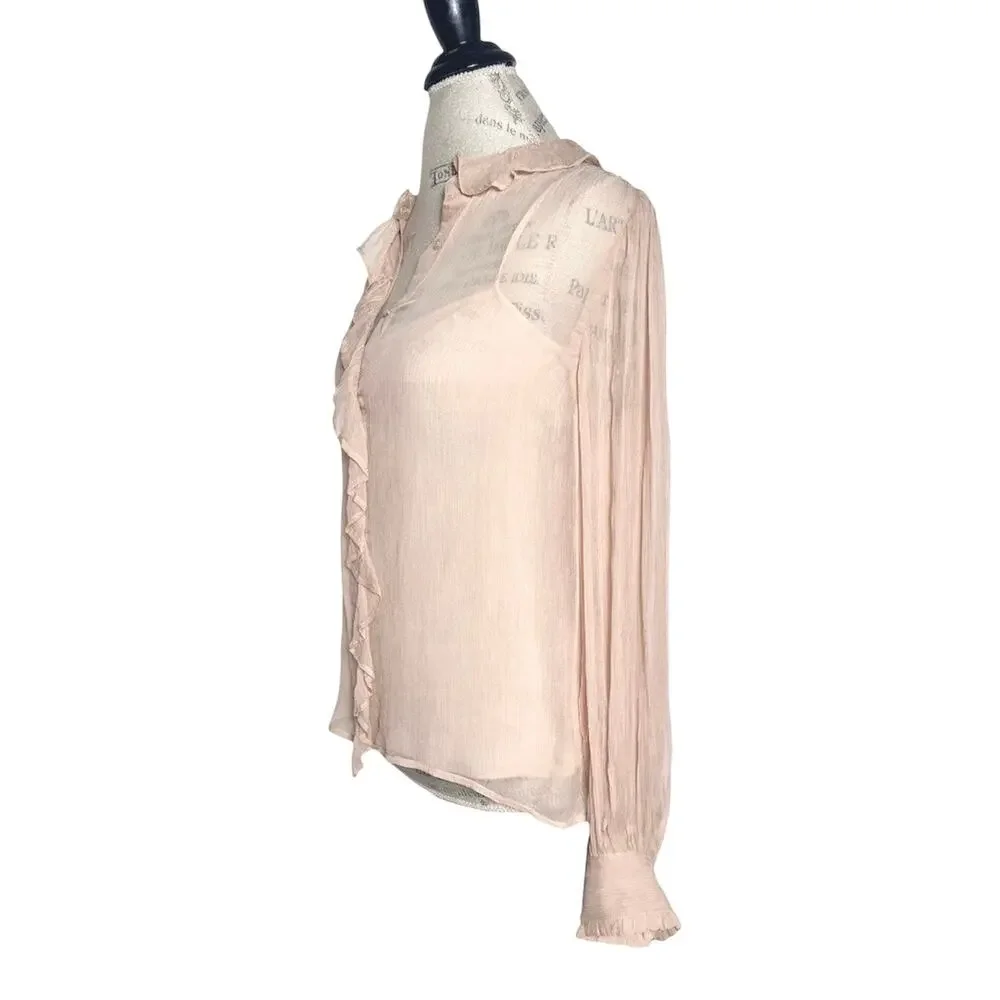J. Crew | Women | Tan Ruffle Sheer Crinkle Chiffon Button Up Blouse | Sz 2